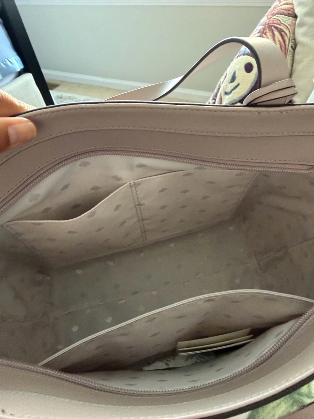 kate spade taupe leather tote with floral charm